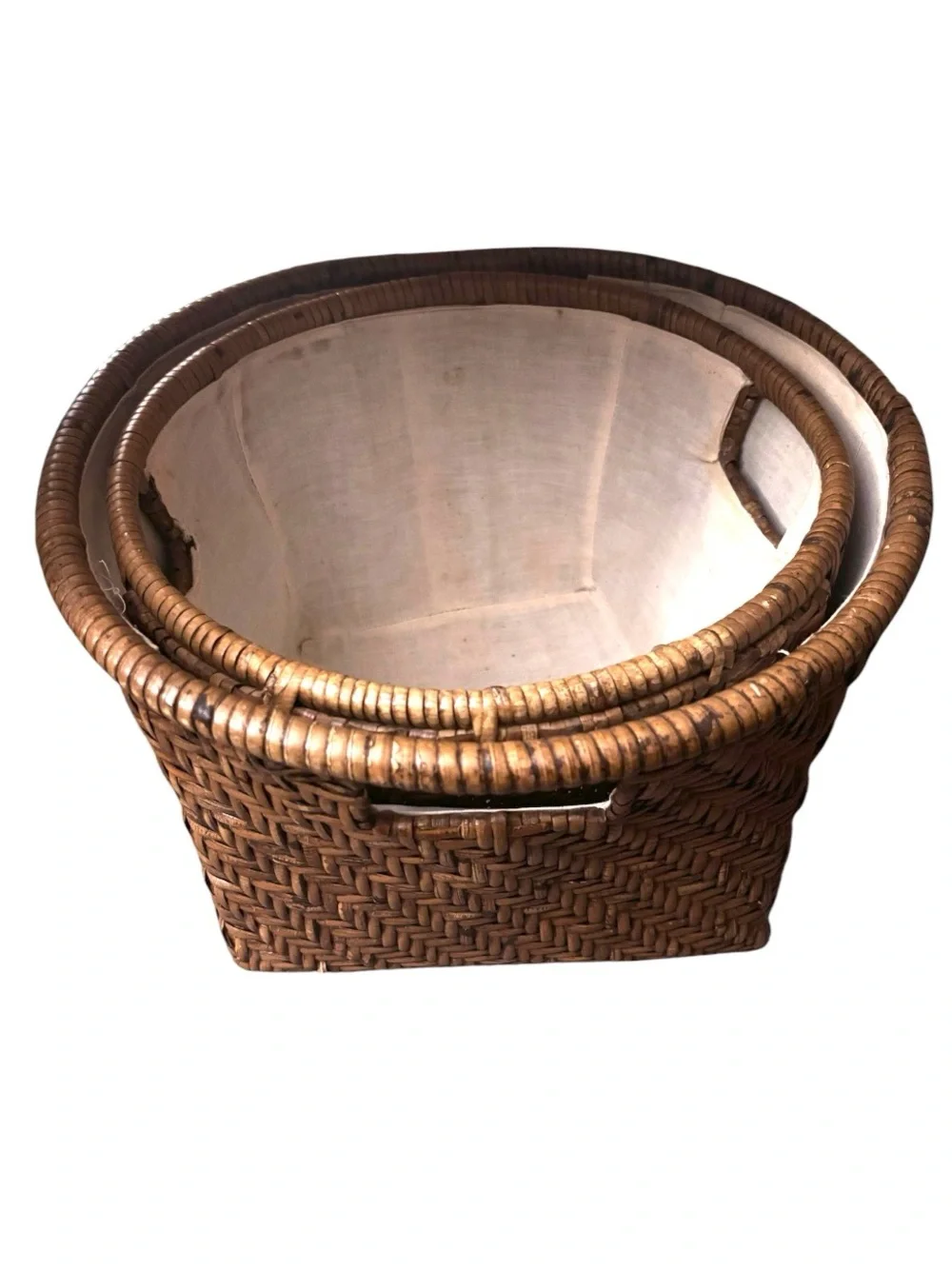 Set of Vintage Woven Rattan Nested Storage Baskets with Fabric Liners